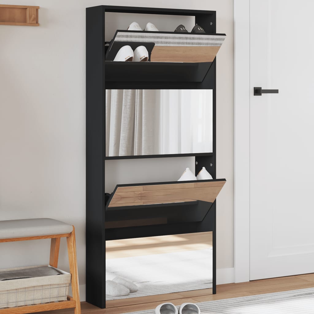 vidaXL Botník so zrkadlom 4-poschodový čierny 63x17x134 cm