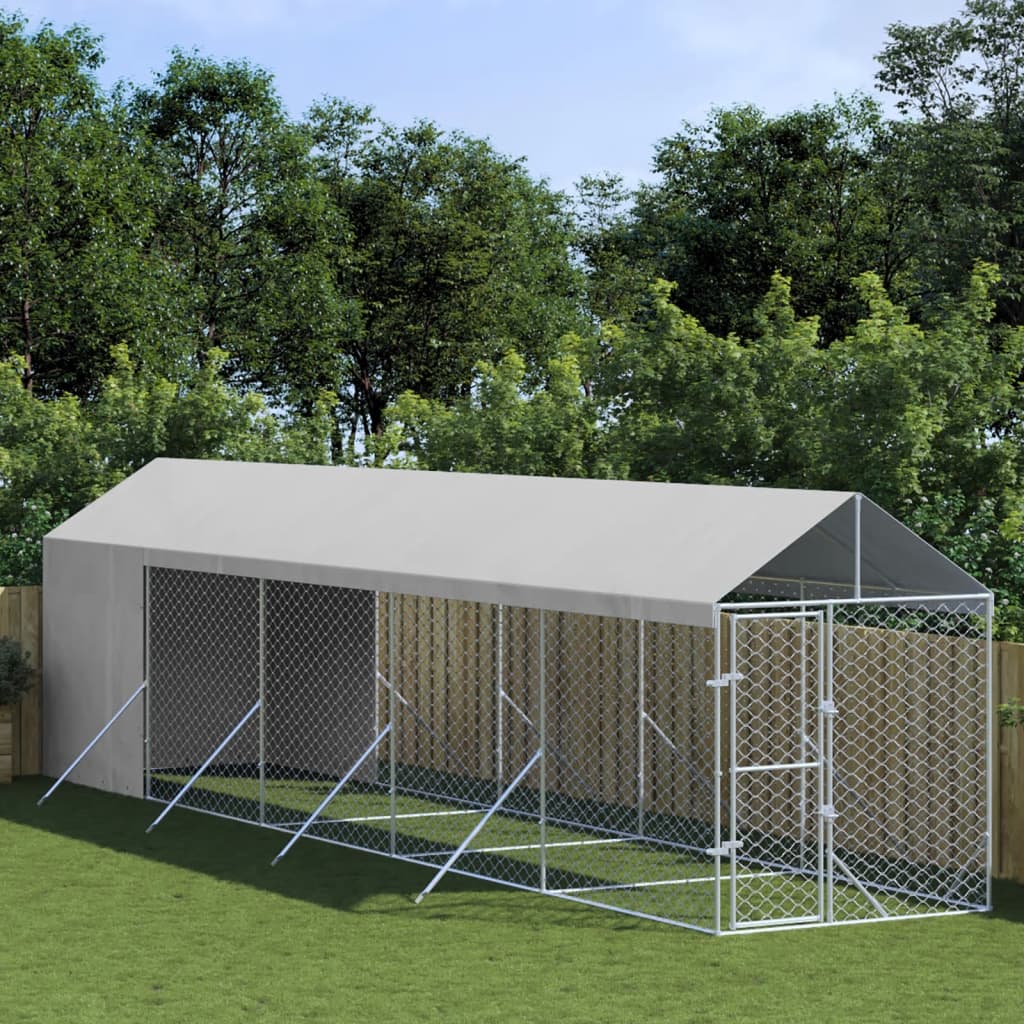 vidaXL Vonkajší koterec pre psov so strechou striebor. 2x10x2,5m oceľ