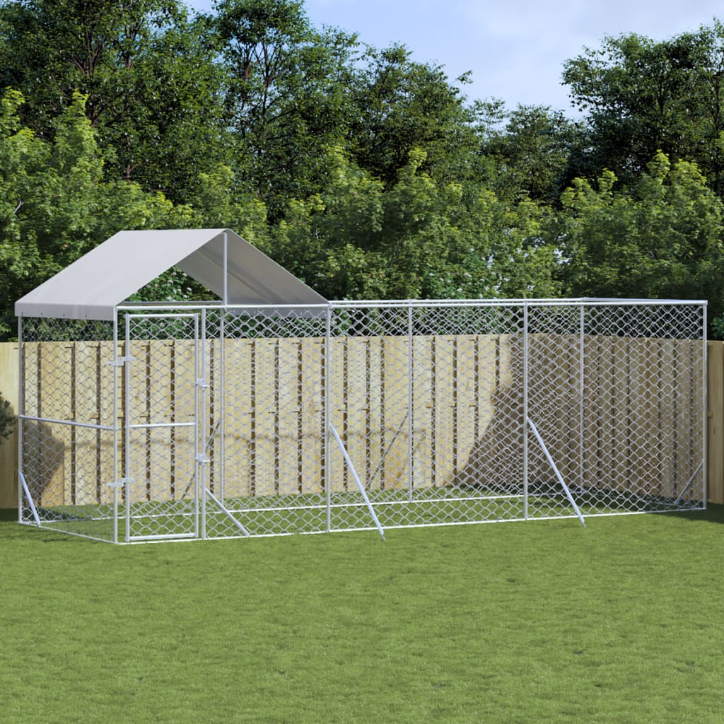 vidaXL Vonkajší koterec pre psov so strechou strieborný 6x2x2,5 m oceľ