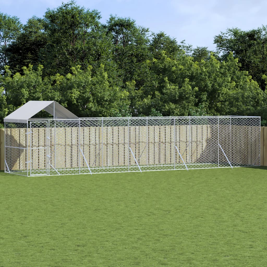 vidaXL Vonkajší koterec pre psov so strechou strieborný 10x2x2,5m oceľ