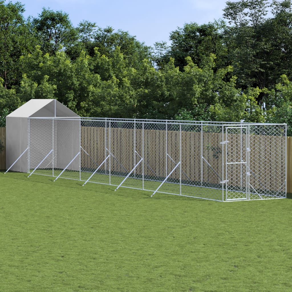 vidaXL Vonkajší koterec pre psov so strechou strieborný 2x14x2,5m oceľ