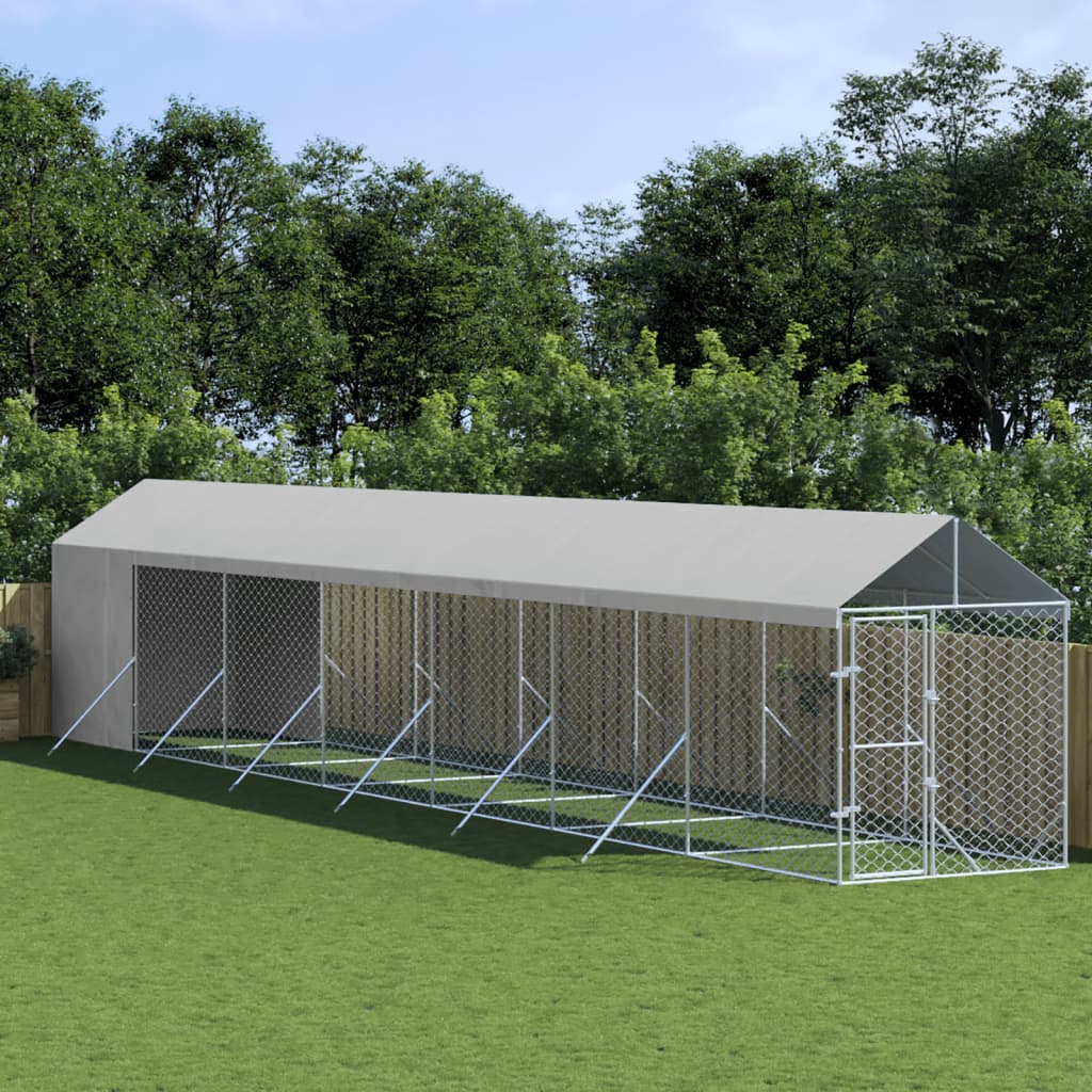 vidaXL Vonkajší koterec pre psov so strechou striebor. 2x14x2,5m oceľ