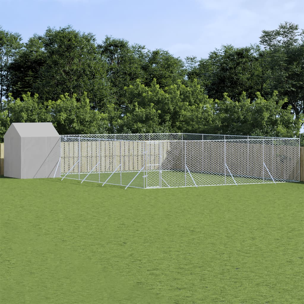 vidaXL Vonkajší koterec pre psov so strechou striebor. 10x10x2,5m oceľ
