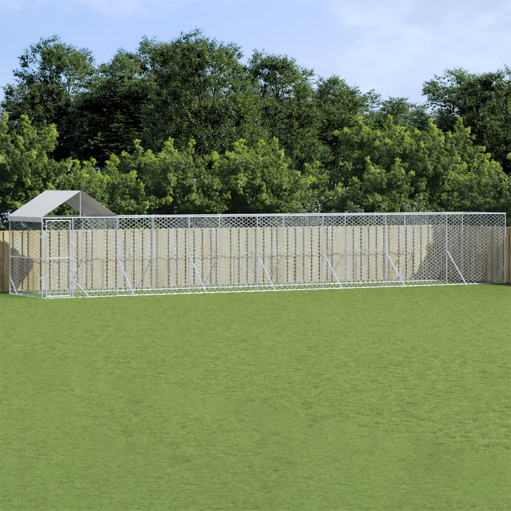 vidaXL Vonkajší koterec pre psov so strechou strieborný 14x2x2,5m oceľ