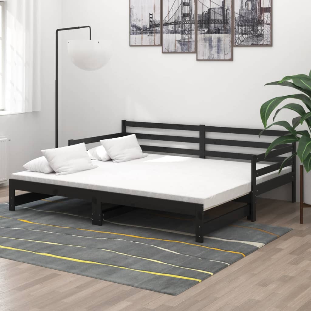 vidaXL Rozkladacia denná posteľ čierna borovicový masív 2x(90x200) cm