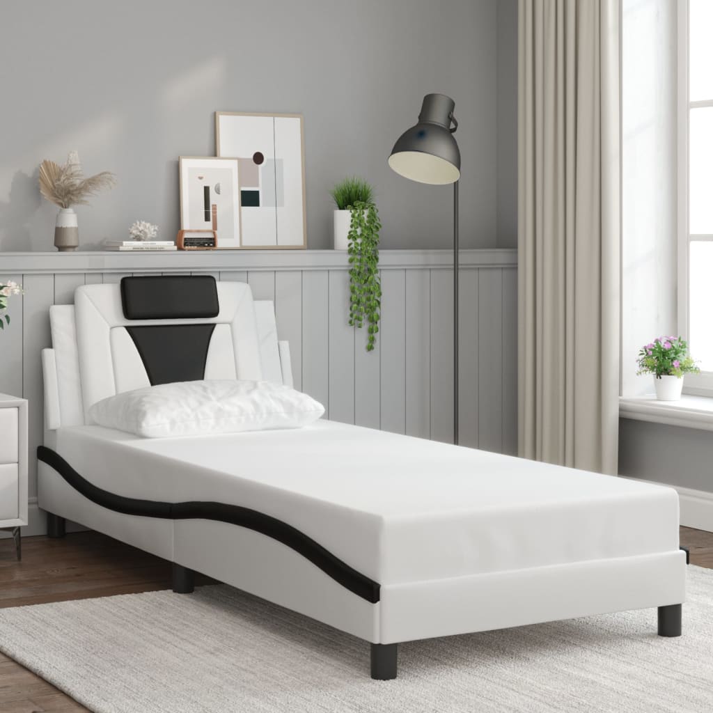 vidaXL Posteľný rám s čelom, bielo čierny 90x200 cm, umelá koža