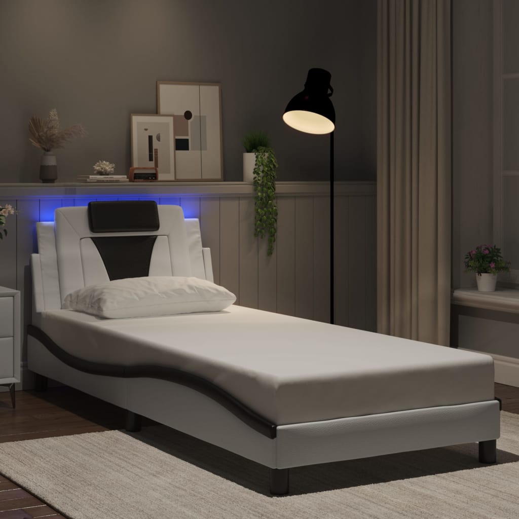 vidaXL Posteľný rám s LED svetlami, bielo čierny 90x200 cm, umelá koža