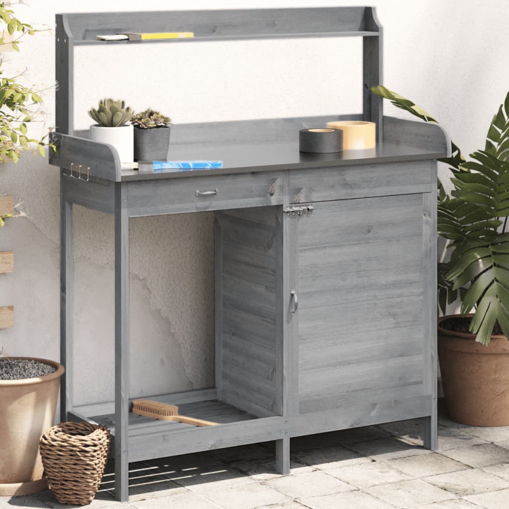vidaXL Stôl na presádzanie so skrinkou sivý 110,5x45x124,5 cm jedľa