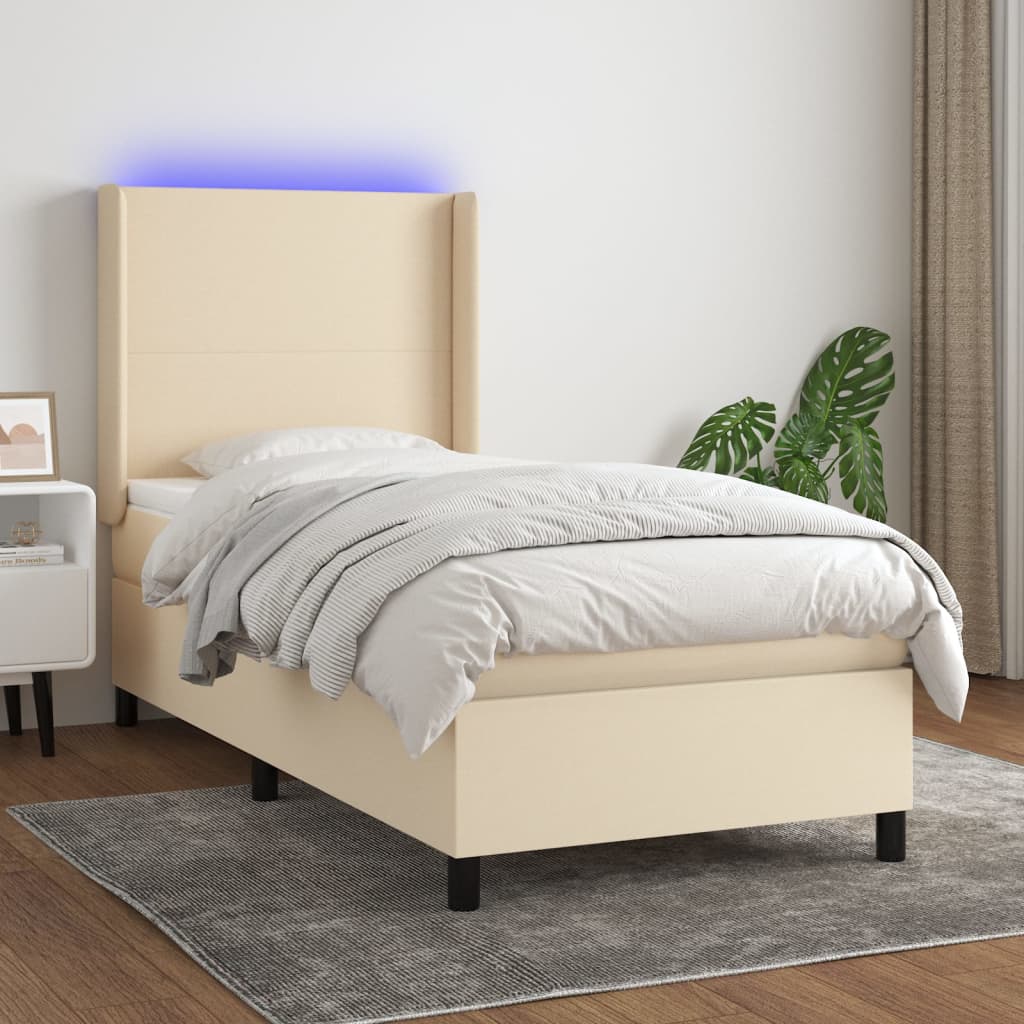 vidaXL Posteľ boxsping s matracom a LED krémová 100x200 cm látka