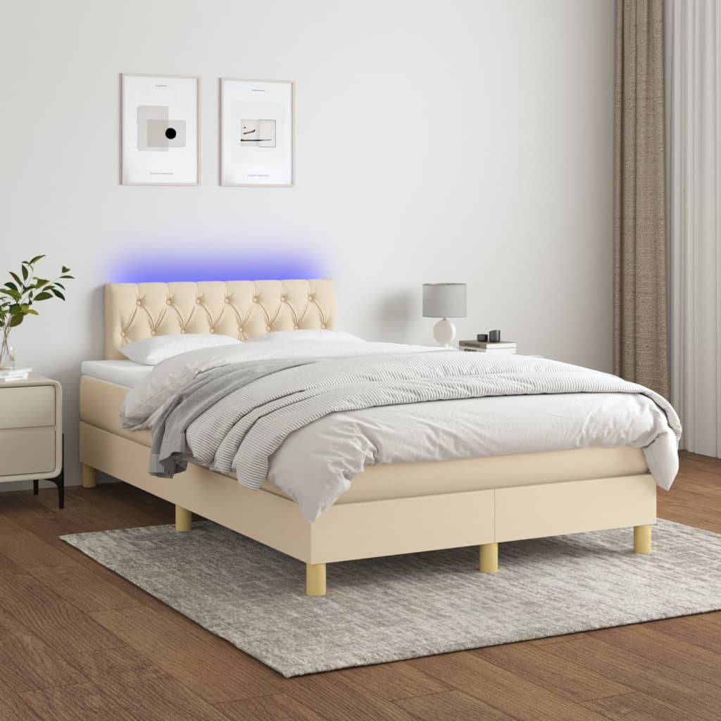 vidaXL Posteľ boxsping s matracom a LED krémová 120x200 cm látka