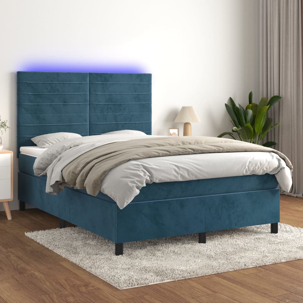 vidaXL Posteľný rám boxsping matrac a LED tmavomodrý 140x190 cm zamat