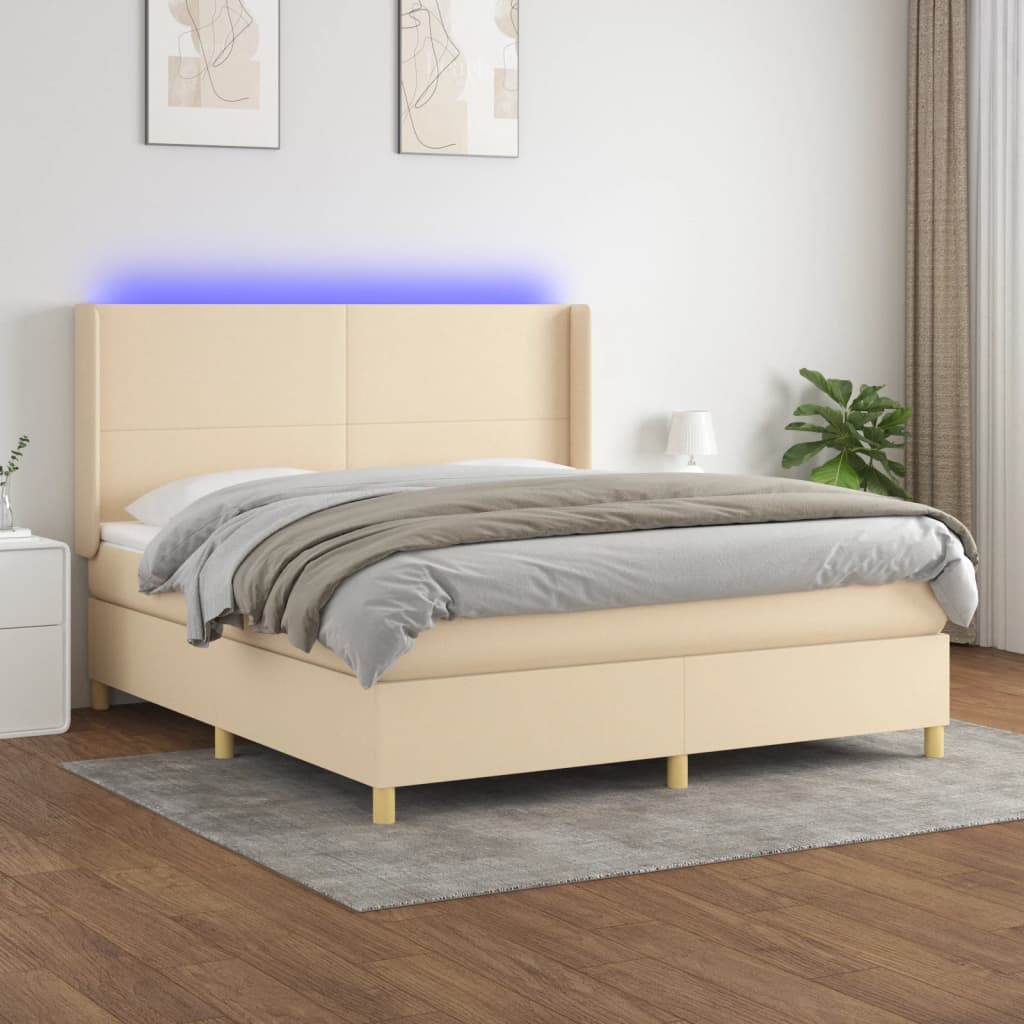 vidaXL Posteľ boxsping s matracom a LED krémová 160x200 cm látka