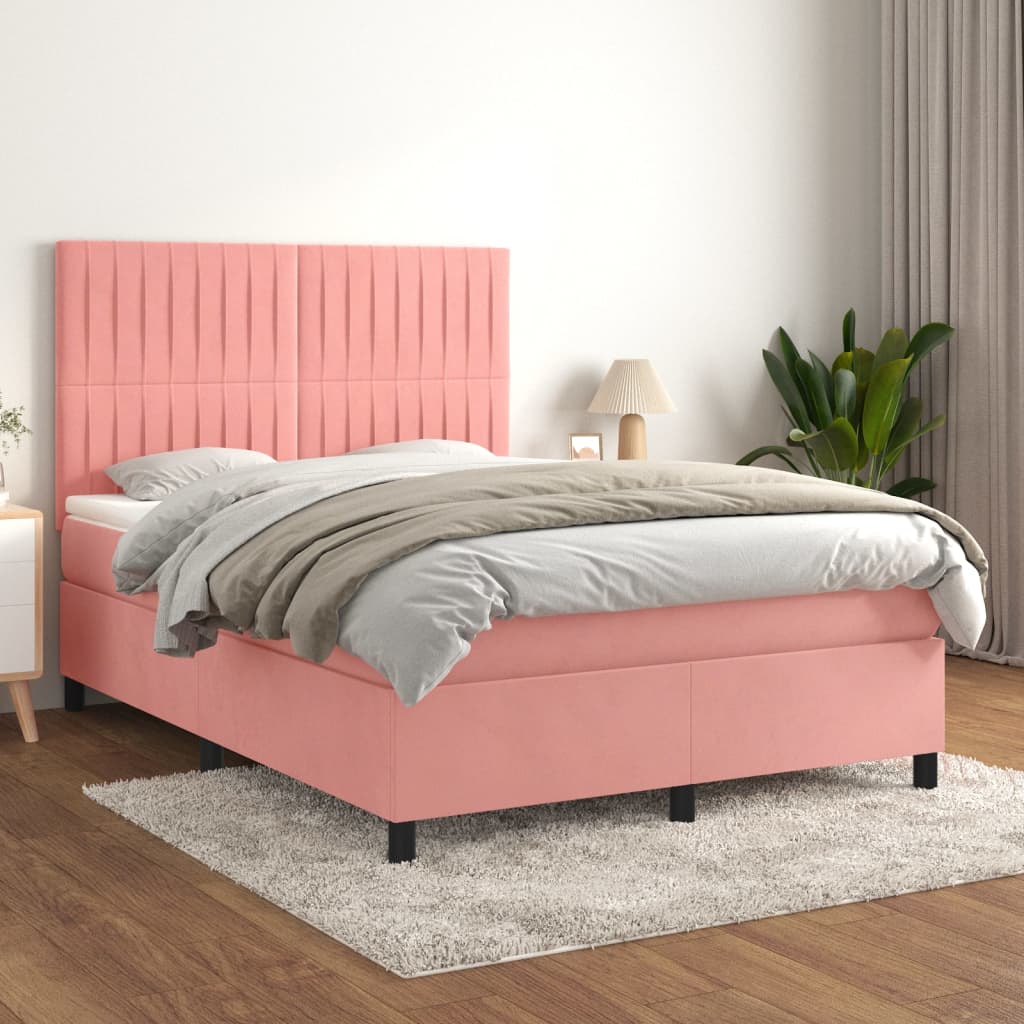 vidaXL Posteľný rám boxsping s matracom ružový 140x190 cm zamat
