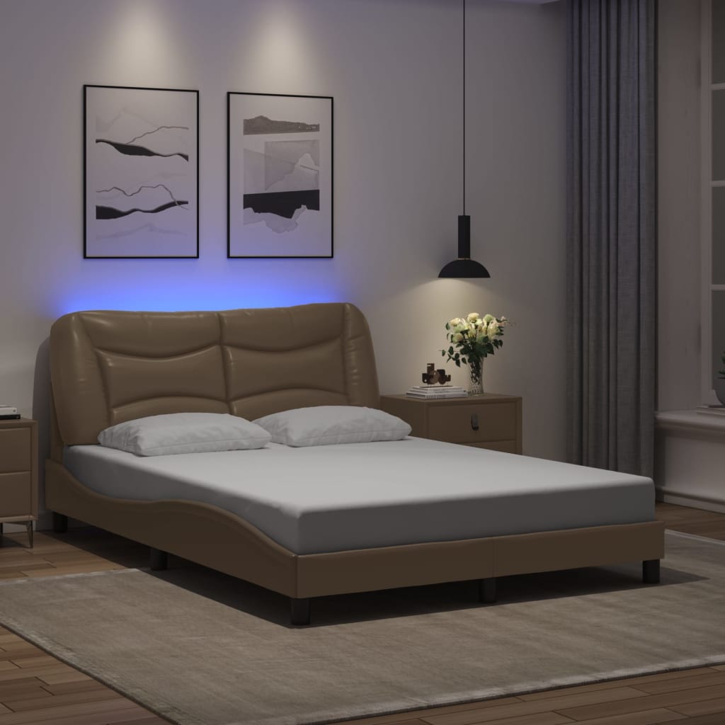 vidaXL Posteľný rám s LED svetlami, kapučínový 140x190 cm, umelá koža