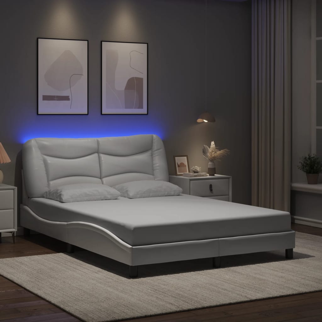 vidaXL Posteľný rám s LED svetlami, biely 140x190 cm, umelá koža
