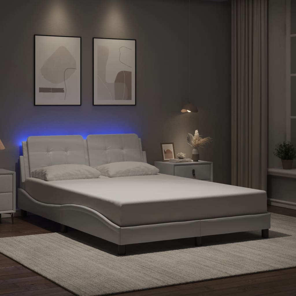 vidaXL Posteľný rám s LED svetlami, biely 140x190 cm, umelá koža