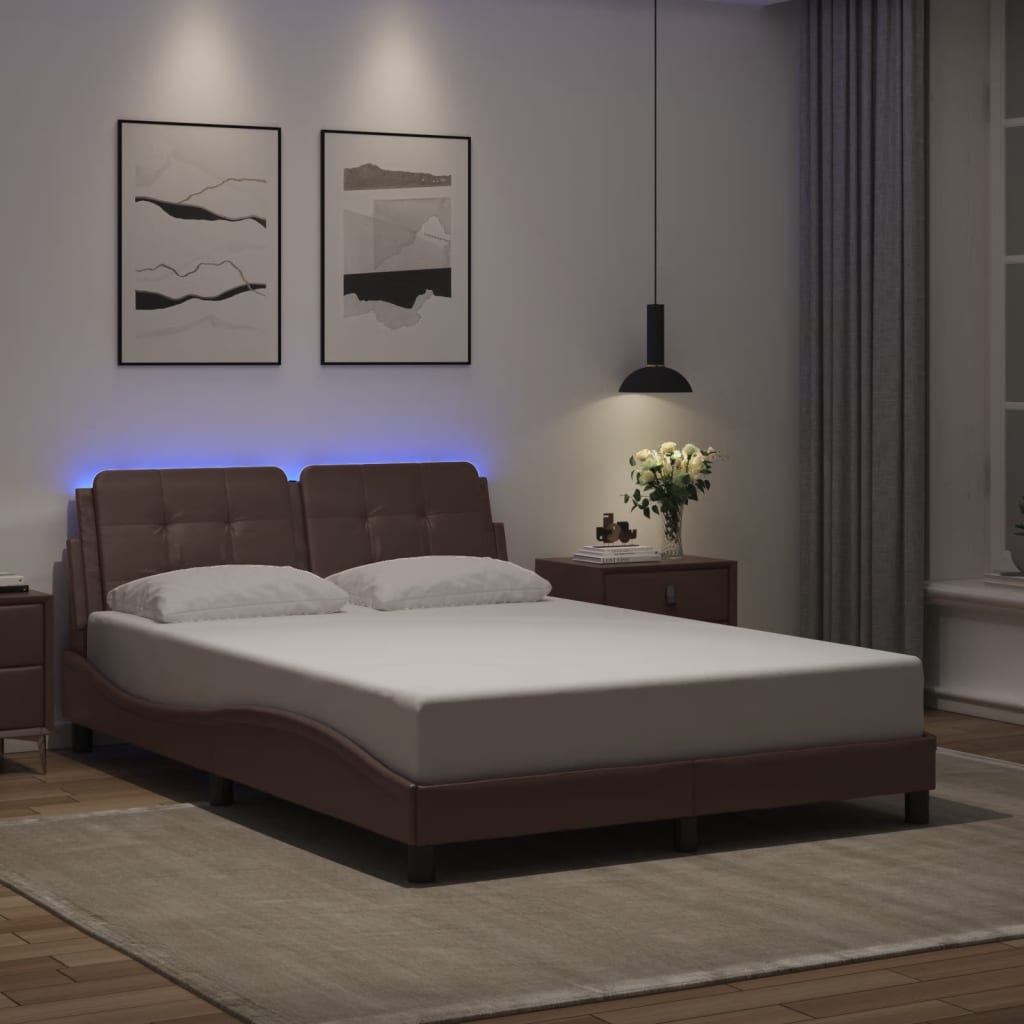 vidaXL Posteľný rám s LED svetlami, hnedý 120x200 cm, umelá koža