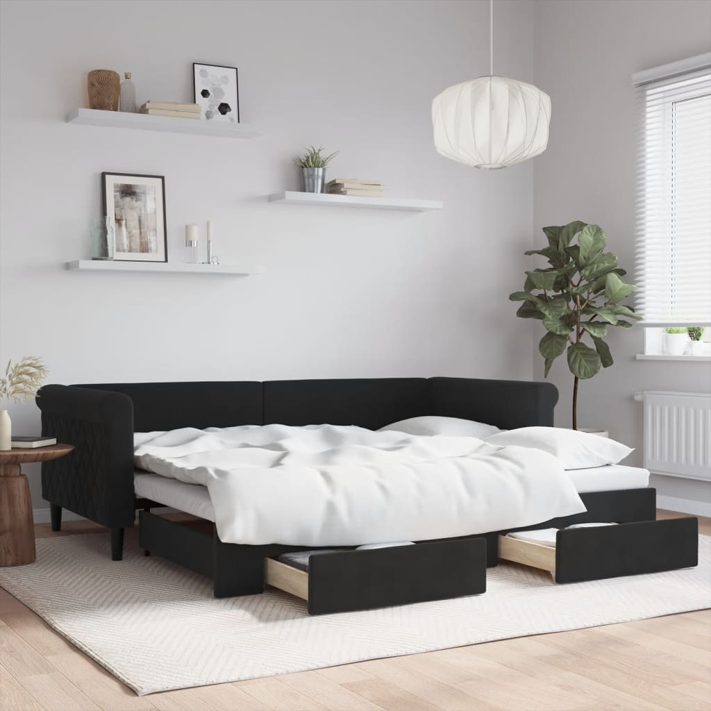 vidaXL Rozkladacia denná posteľ so zásuvkami čierna 90x200 cm zamat