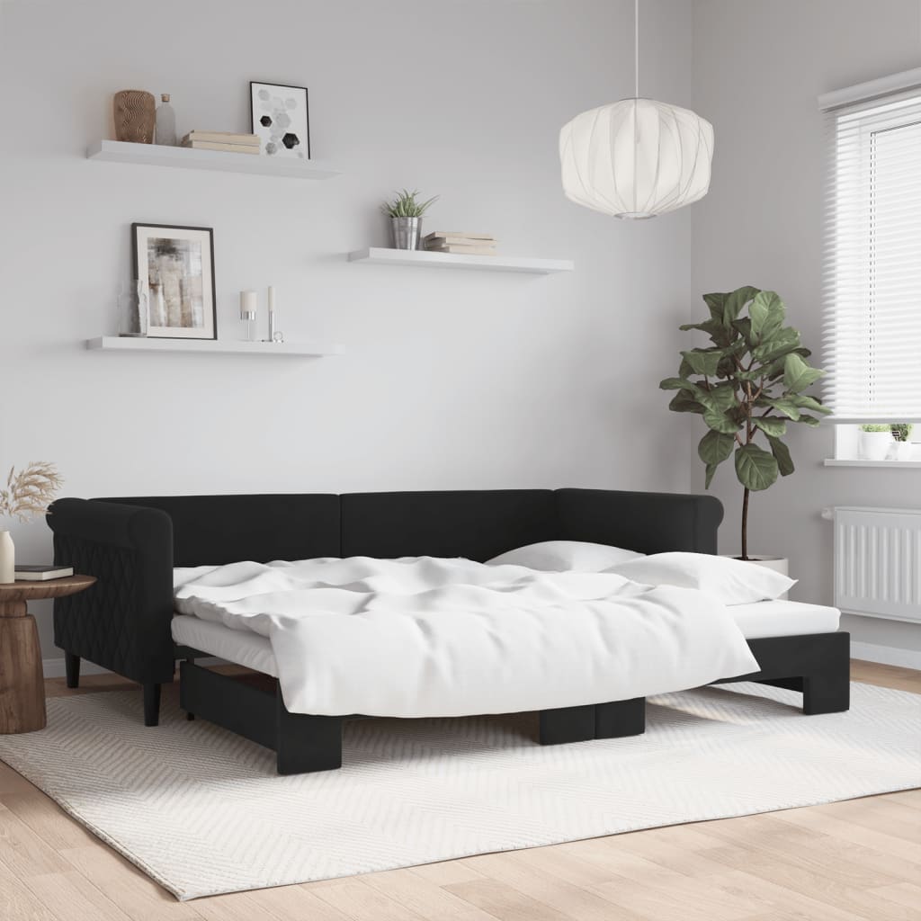 vidaXL Denná posteľ s rozkladacou posteľou čierna 90x200 cm zamat