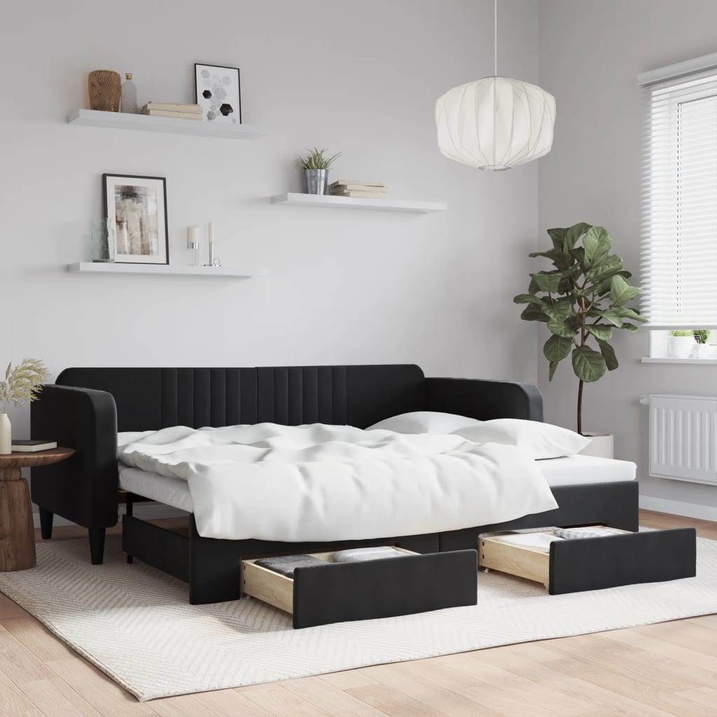 vidaXL Rozkladacia denná posteľ so zásuvkami čierna 90x200 cm zamat