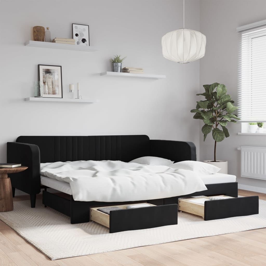 vidaXL Rozkladacia denná posteľ so zásuvkami čierna 100x200 cm zamat