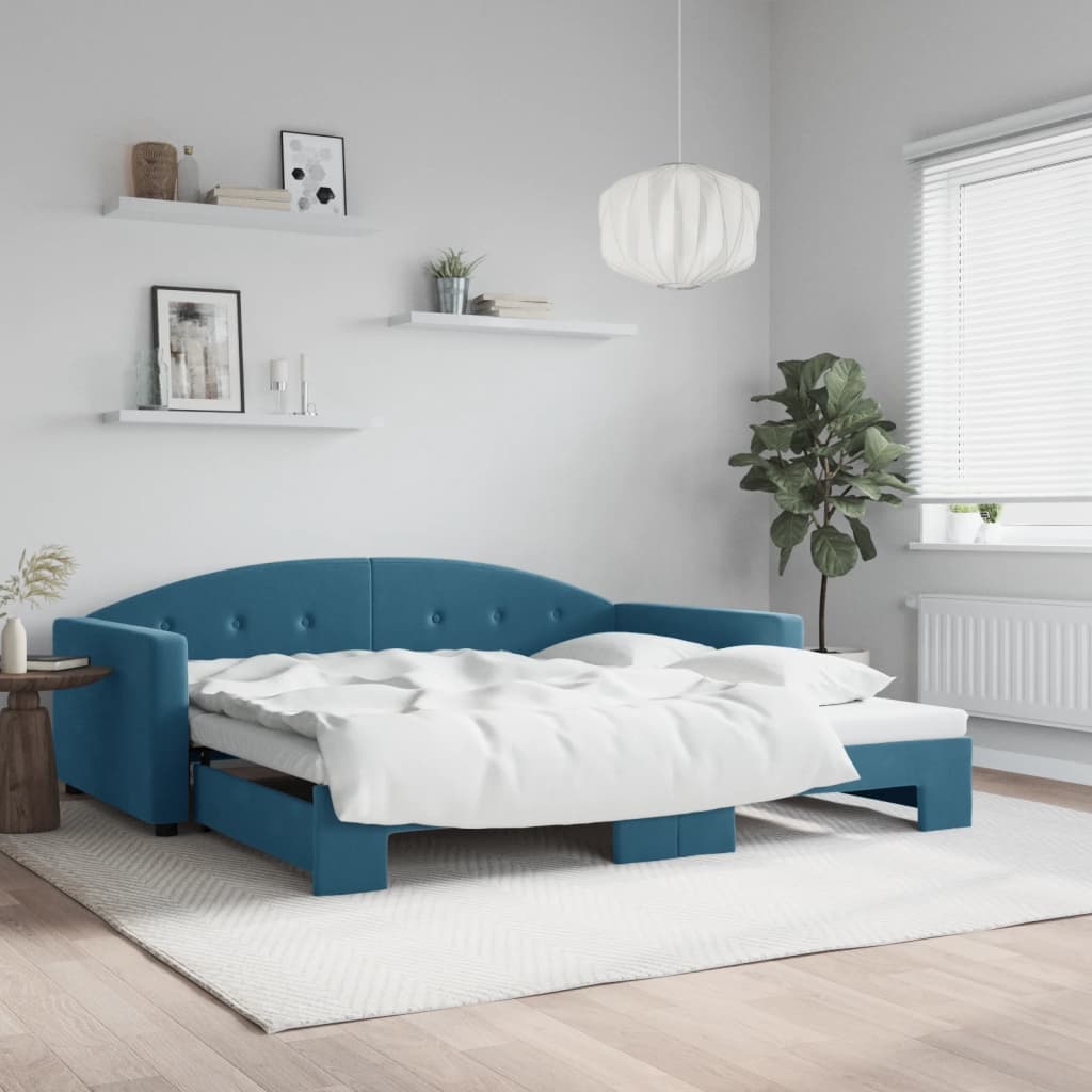 vidaXL Denná posteľ s rozkladacou posteľou modrá 100x200 cm zamat