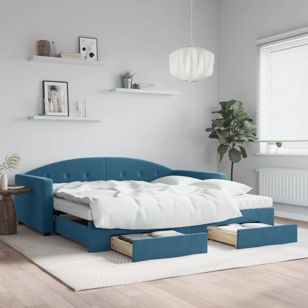 vidaXL Rozkladacia denná posteľ so zásuvkami modrá 100x200 cm zamat