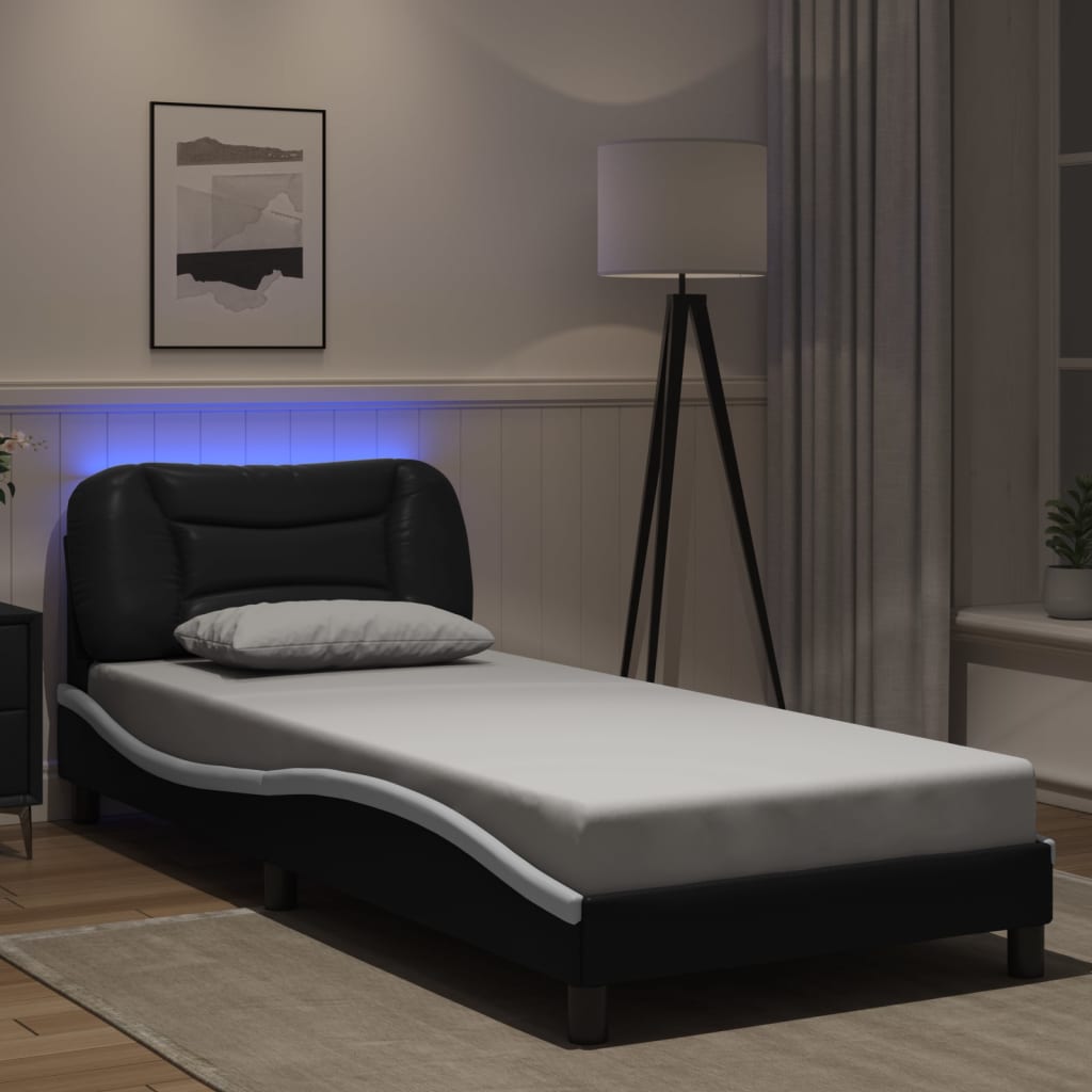 vidaXL Posteľný rám s LED svetlami, čierno biely 80x200 cm, umelá koža