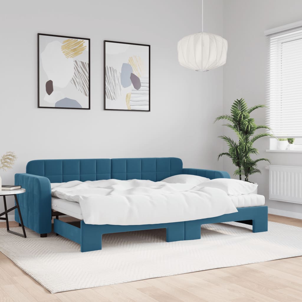 vidaXL Rozkladacia denná posteľ s matracmi modrá 80x200 cm zamat