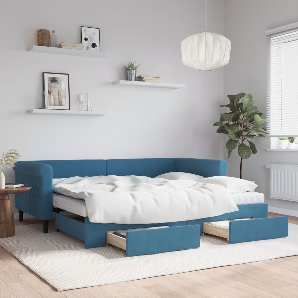 vidaXL Rozkladacia denná posteľ so zásuvkami modrá 90x200 cm zamat