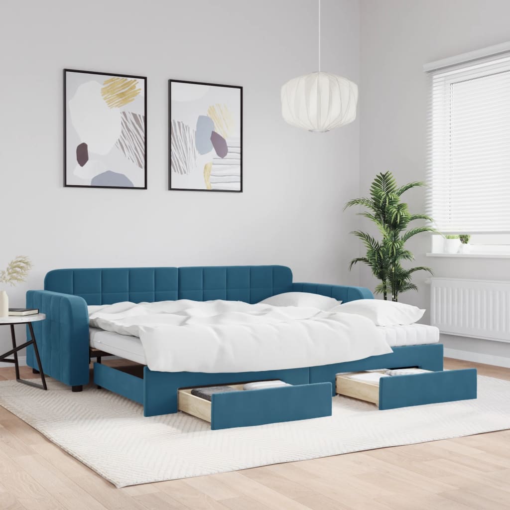 vidaXL Rozkladacia denná posteľ so zásuvkami modrá 90x200 cm zamat