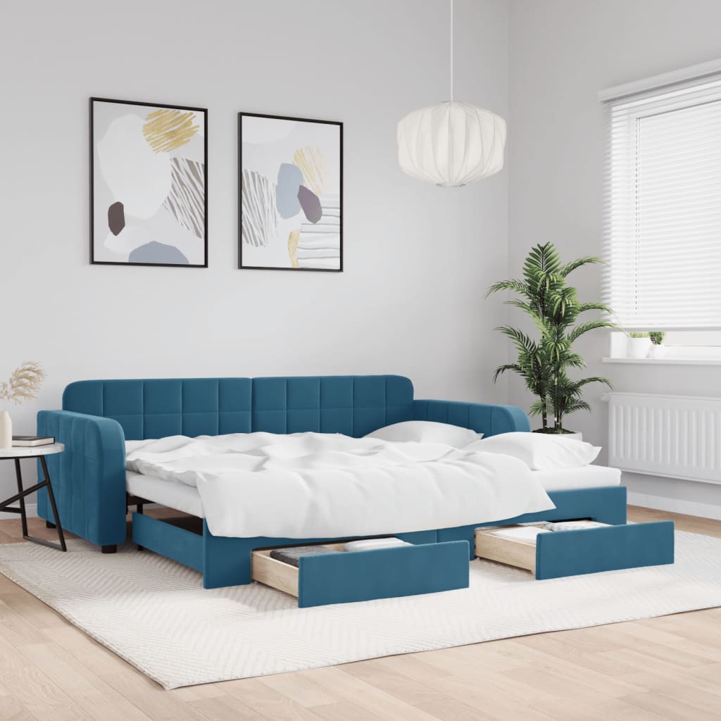 vidaXL Rozkladacia denná posteľ so zásuvkami modrá 90x200 cm zamat