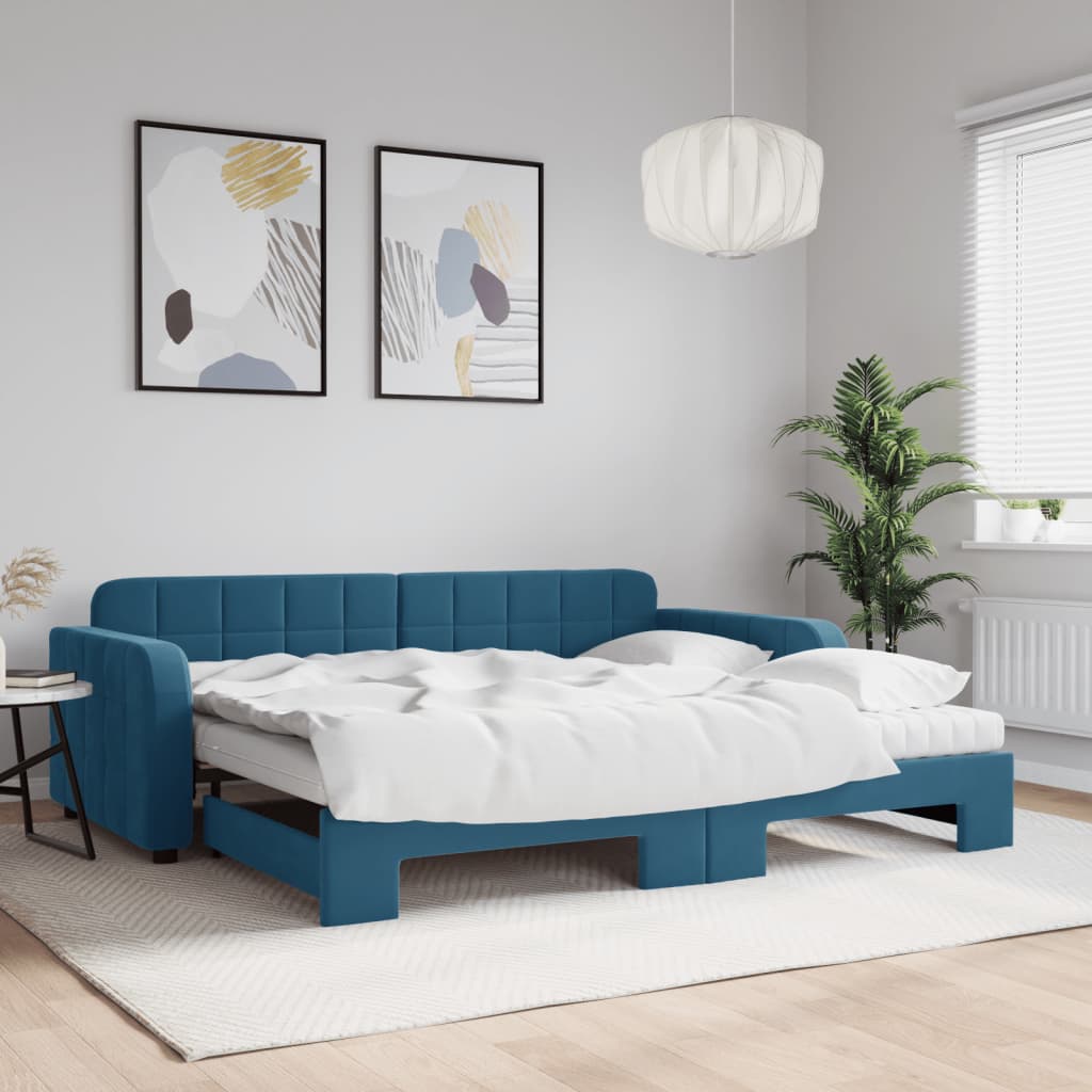 vidaXL Rozkladacia denná posteľ s matracmi modrá 90x200 cm zamat