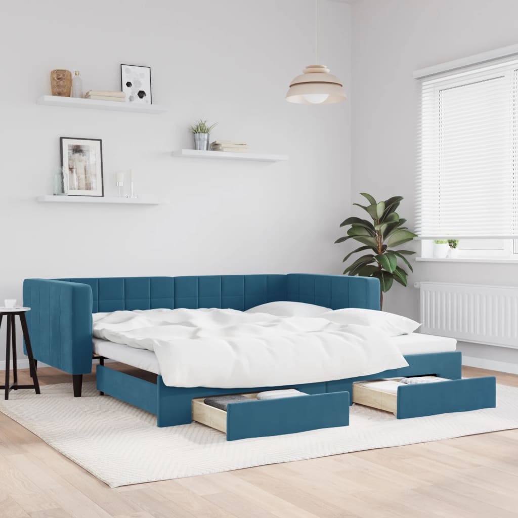 vidaXL Rozkladacia denná posteľ so zásuvkami modrá 100x200 cm zamat