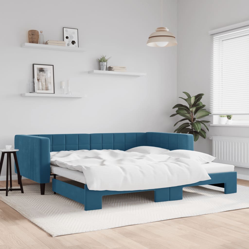 vidaXL Denná posteľ s rozkladacou posteľou modrá 100x200 cm zamat