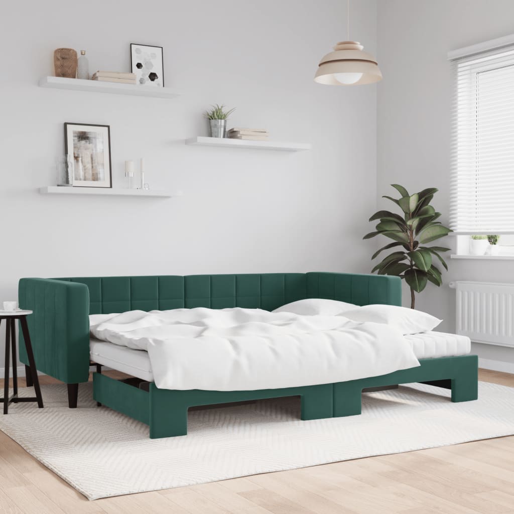 vidaXL Rozkladacia denná posteľ s matracmi tmavozelená 90x200 cm zamat