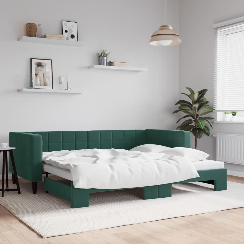 vidaXL Denná posteľ s rozkladacou posteľou tmavozelená 90x200 cm zamat