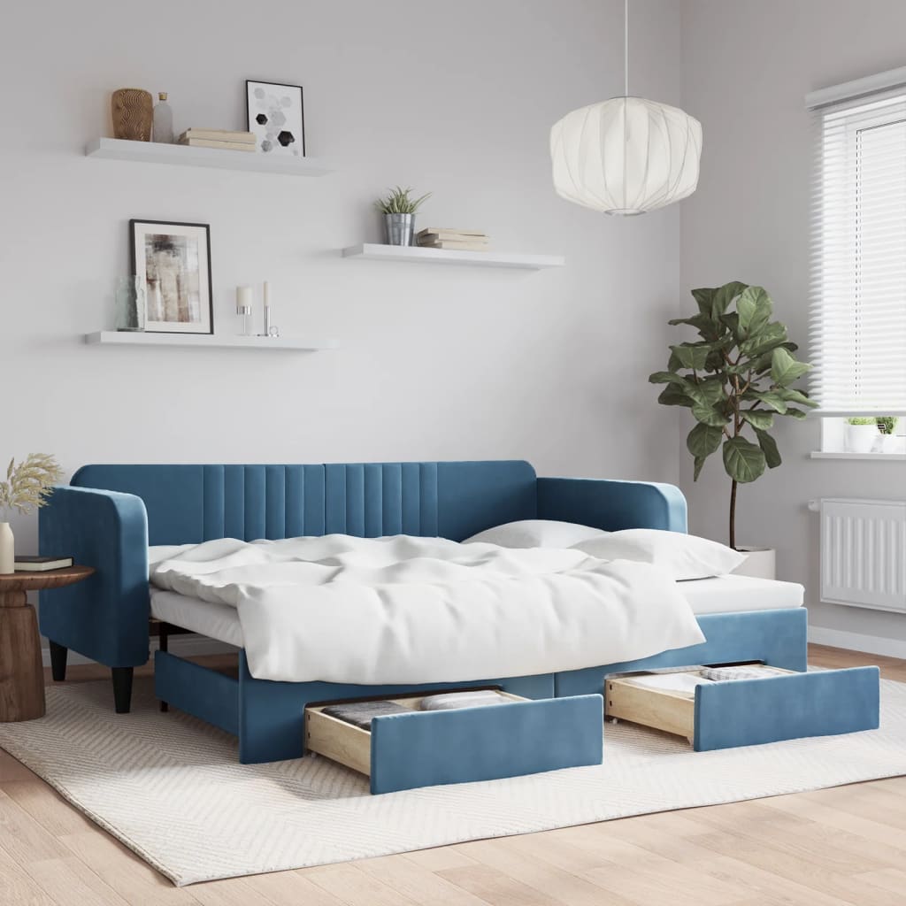 vidaXL Rozkladacia denná posteľ so zásuvkami modrá 90x200 cm zamat