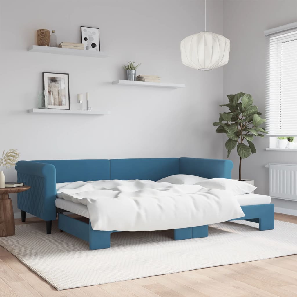 vidaXL Denná posteľ s rozkladacou posteľou modrá 90x200 cm zamat