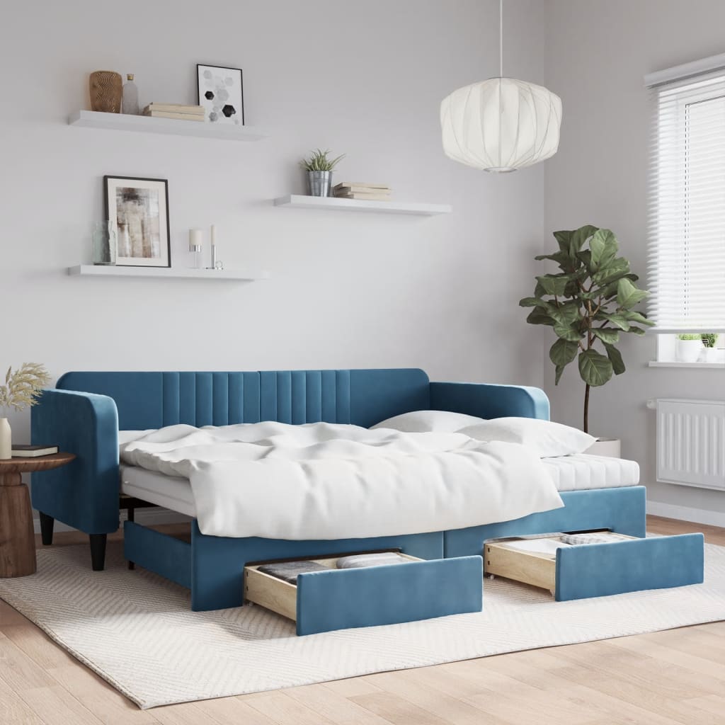 vidaXL Rozkladacia denná posteľ so zásuvkami modrá 90x200 cm zamat