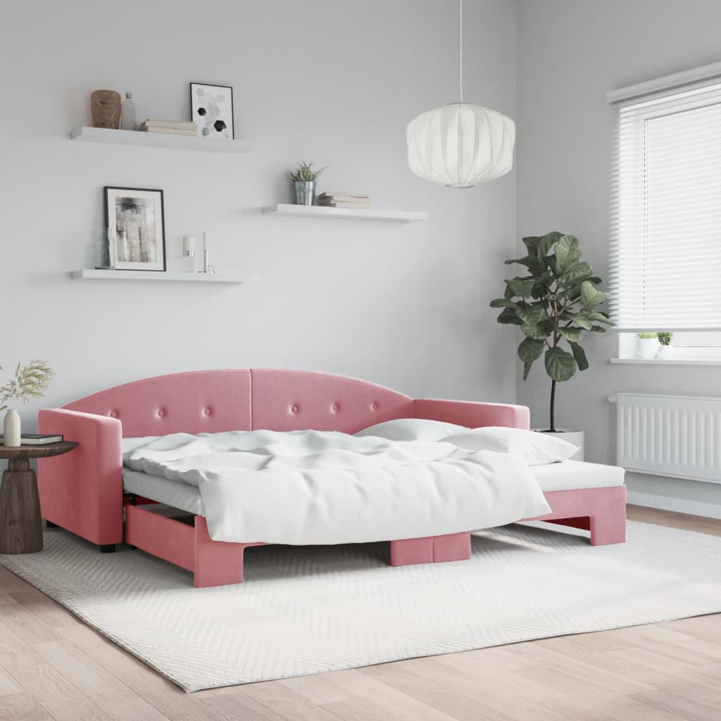 vidaXL Denná posteľ s rozkladacou posteľou ružová 90x200 cm zamat