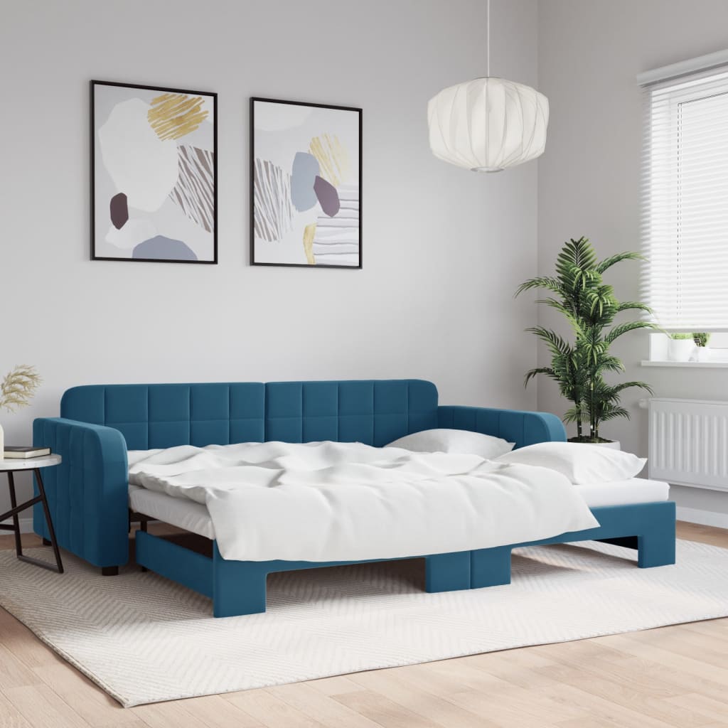 vidaXL Denná posteľ s rozkladacou posteľou modrá 90x200 cm zamat