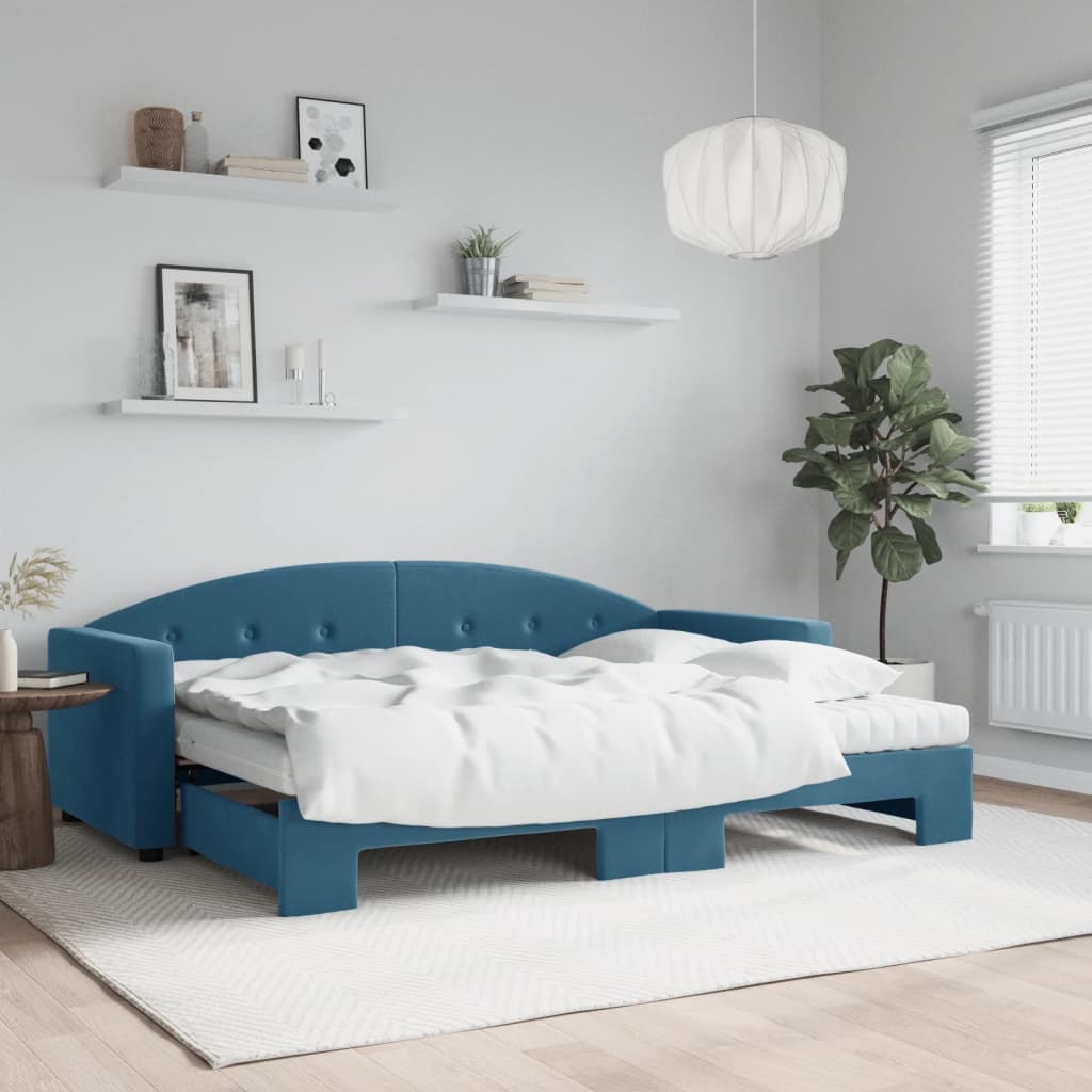 vidaXL Rozkladacia denná posteľ s matracmi modrá 80x200 cm zamat