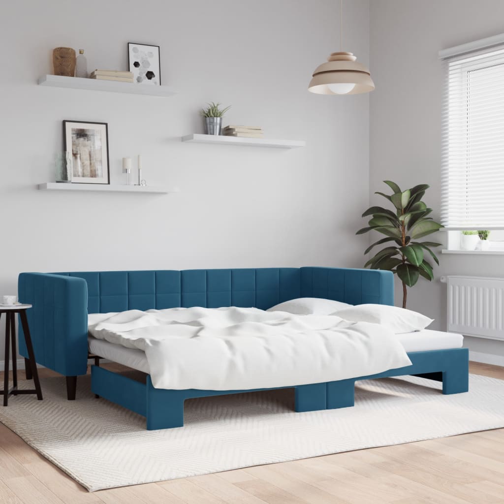 vidaXL Denná posteľ s rozkladacou posteľou modrá 90x200 cm zamat