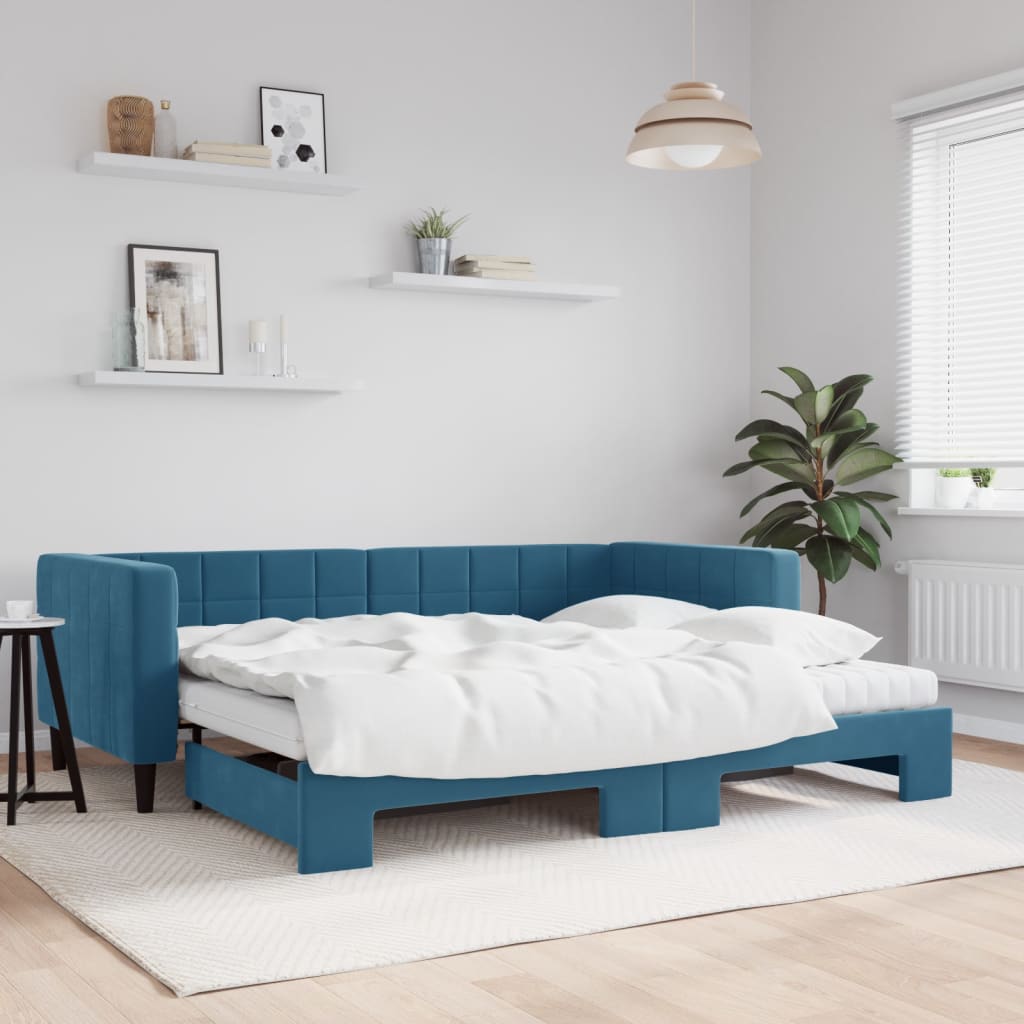 vidaXL Rozkladacia denná posteľ s matracmi modrá 90x200 cm zamat