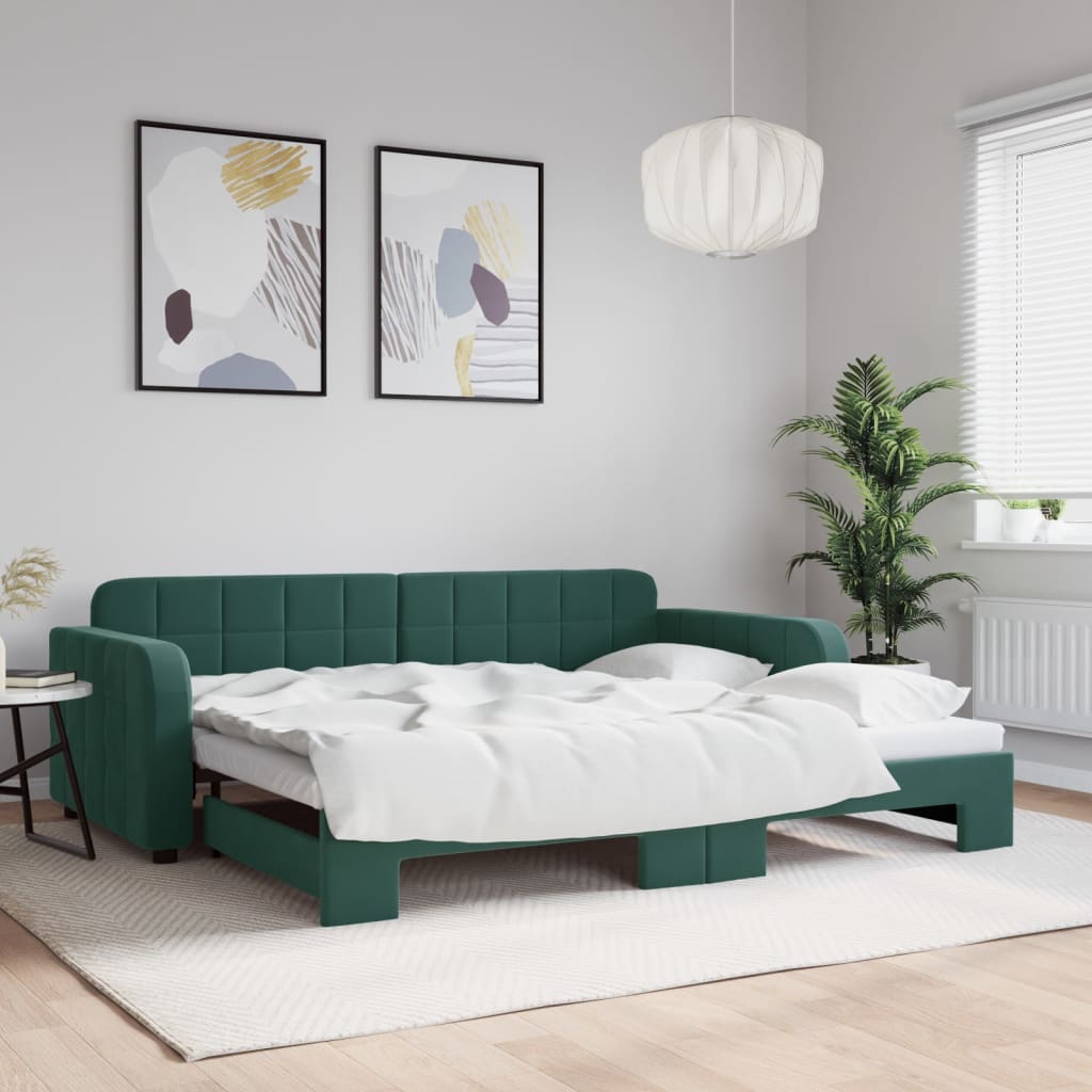 vidaXL Denná posteľ s rozkladacou posteľou tmavozelená 90x200 cm zamat