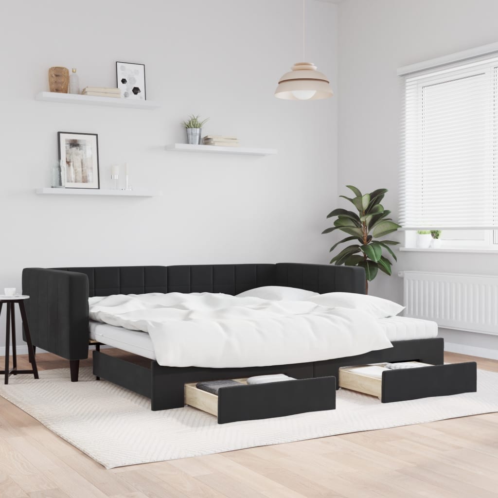vidaXL Rozkladacia denná posteľ so zásuvkami čierna 100x200 cm zamat