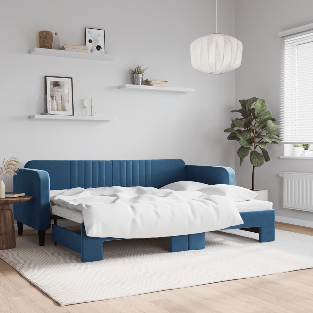 vidaXL Denná posteľ s rozkladacou posteľou modrá 80x200 cm zamat