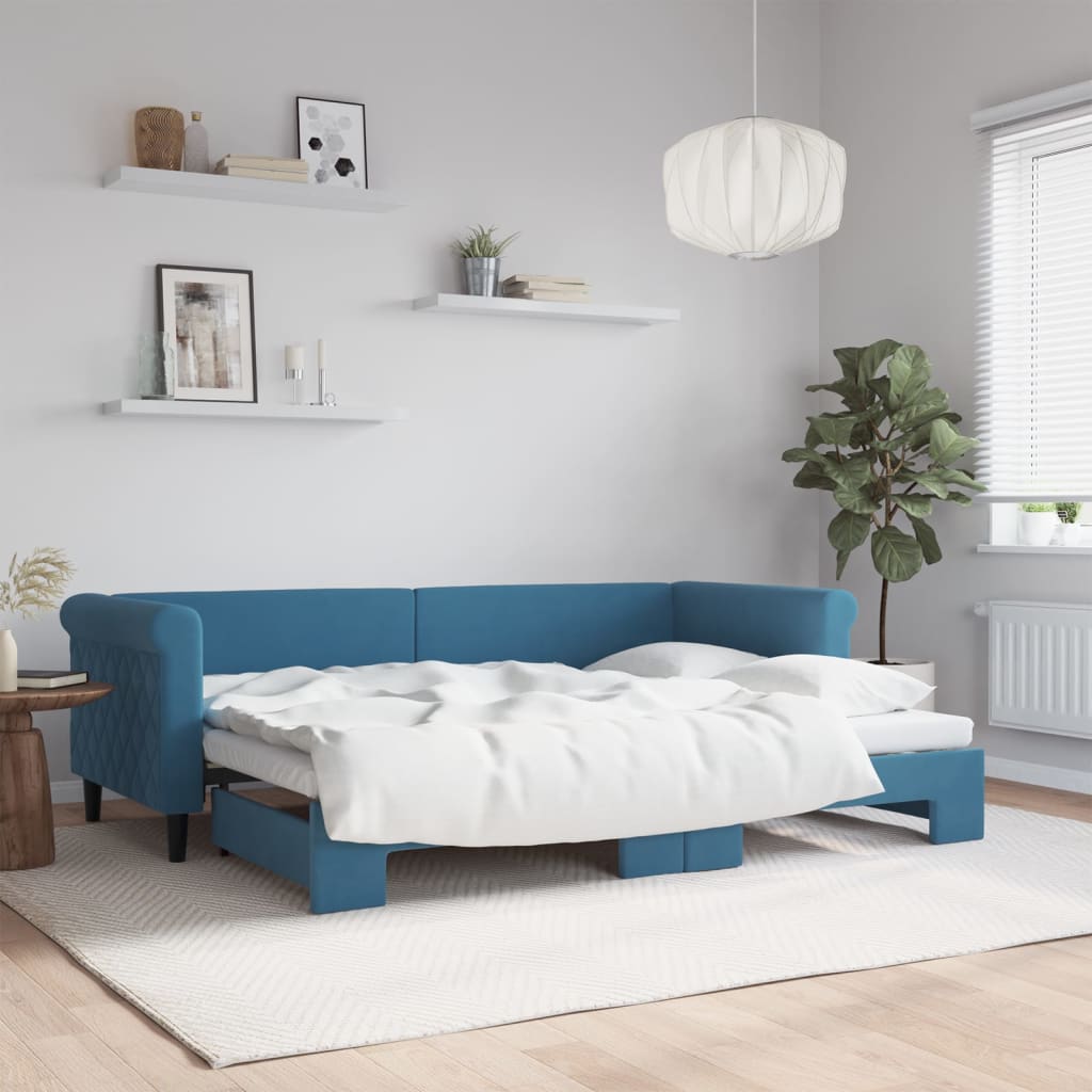 vidaXL Denná posteľ s rozkladacou posteľou modrá 80x200 cm zamat