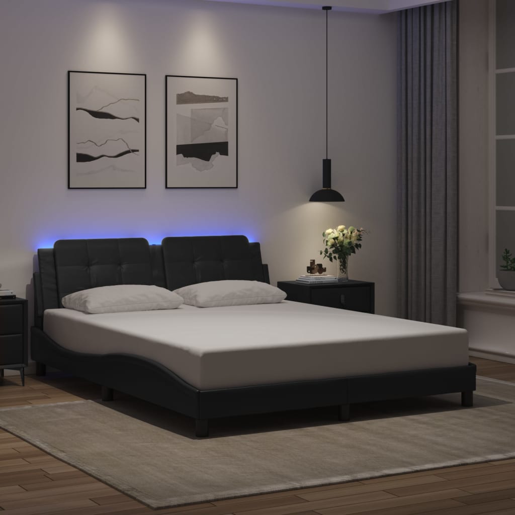 vidaXL Posteľný rám s LED svetlami, čierny 160x200 cm, umelá koža